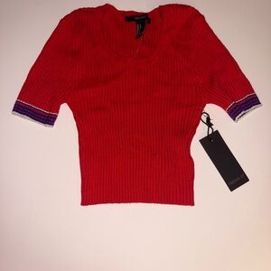 Red Ribbed Knit Top with Striped Sleeves